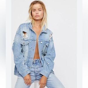Free People Sunday Funday Oversized Pearl Trucker Distressed Denim Jacket